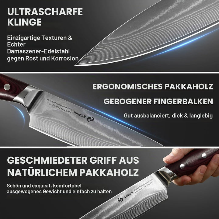 3er Damastmesser Set,Küchenmesser Set aus 67 Lagen Damaststahl mit Pakkaholzgriff,Profi Damast Messe