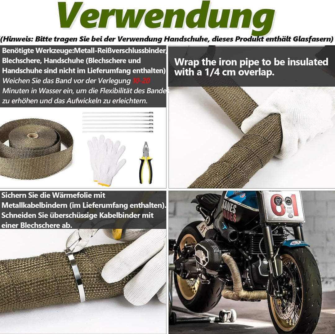 LIHAO Hitzeschutzband Basaltfaser Auspuffband 10M mit Kabelbinder für Fächerkrümmer Thermoband Krümm