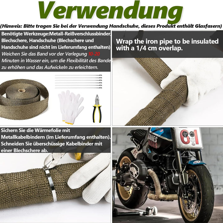 LIHAO Hitzeschutzband Basaltfaser Auspuffband 10M mit Kabelbinder für Fächerkrümmer Thermoband Krümm