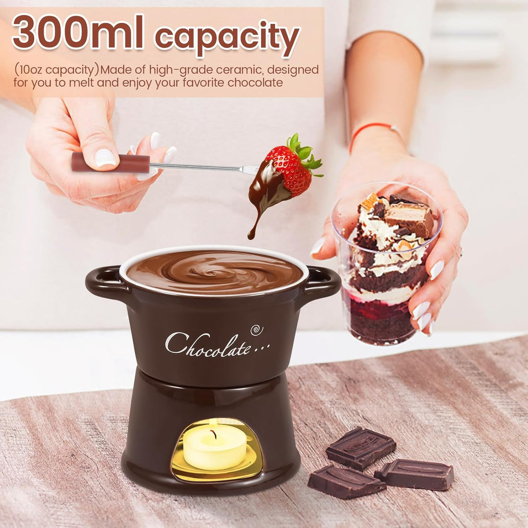 Goshoppers 2 Stück Mini Schokofondue Tasse Käsefondue Set Keramik Schokobecher mit Gabeln Schokolade
