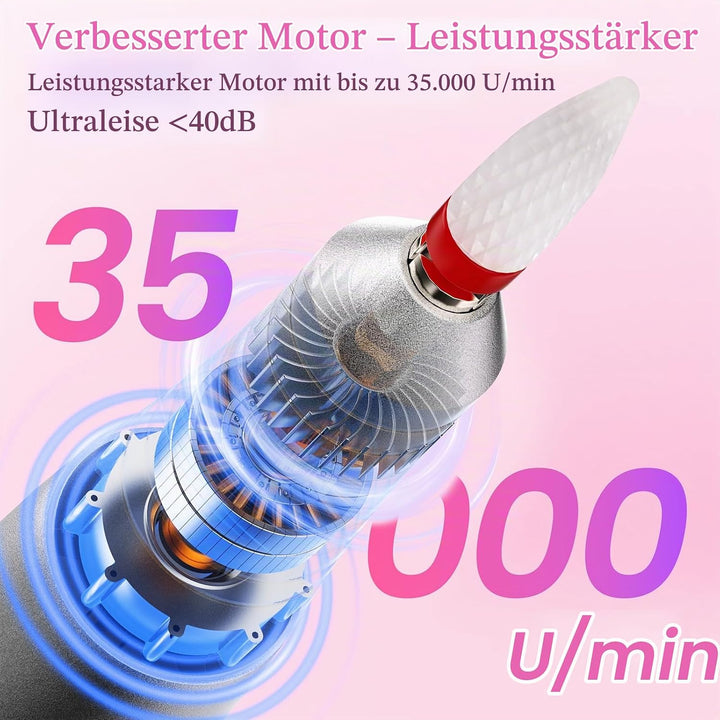Nagelfräser Kabellos, 13 in 1 Elektrische Nagelfeile - 35000 U/Min Nagelfräser für Gelnägel, Mit LCD