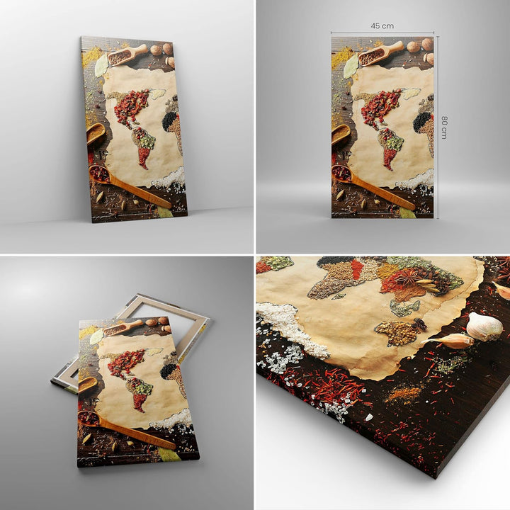 Bilder auf Leinwand Welt Karte Gewürze Farben Leinwandbild mit Rahmen 45x80cm Wandbilder Dekoration
