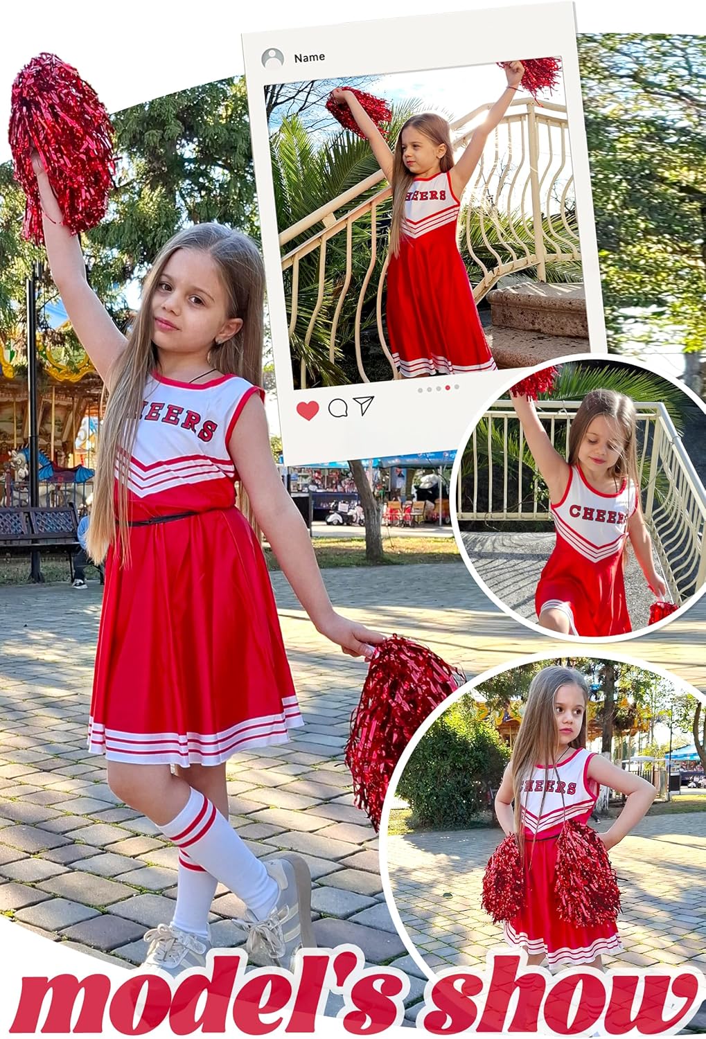 LOLANTA Cheerleader Kostüm Kinder, Cheerleadering Outfit Mädchen mit Pompons 6-7 Jahre Rot, 6-7 Jahr