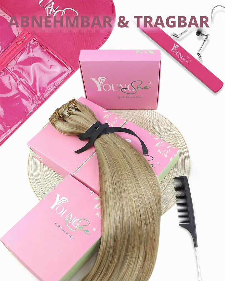 YoungSee Clip in Extensions Echthaar Clip in Extensions Echthaar Goldblond Strahnchen Mittelblond Cl