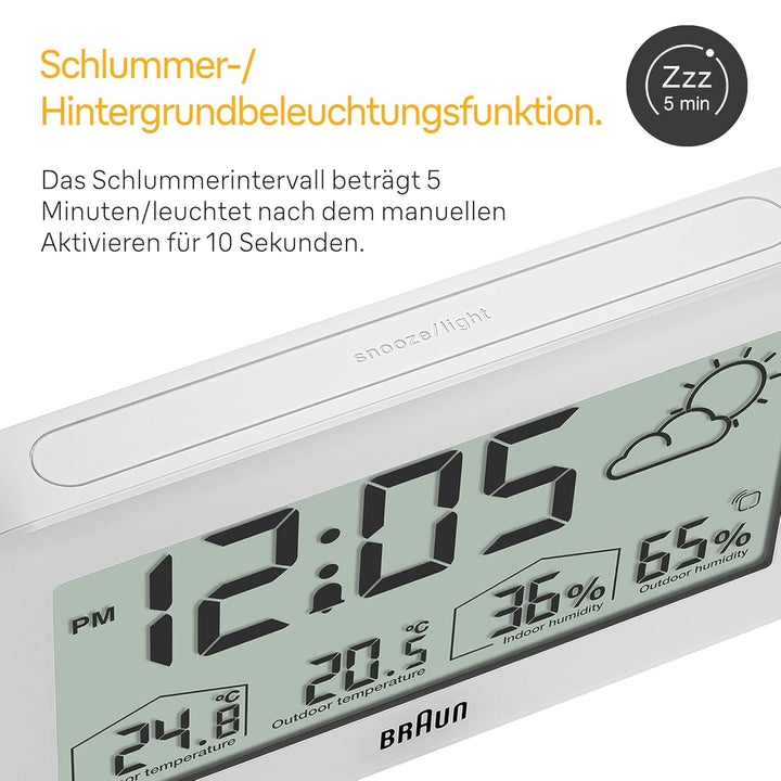 Braun Digitale Wetterstationsuhr mit Anzeige von Innen- und Aussentemperatur sowie Luftfeuchtigkeit,