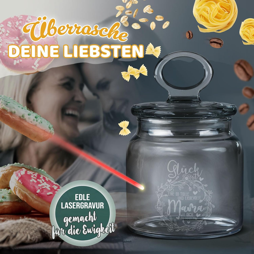 Print Royal PR Keksdose aus Glas mit Gravur - 550 ml - Glück ist, eine Mama wie dich zu haben - Gesc