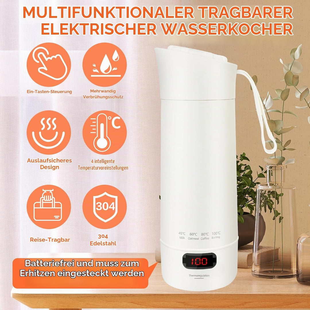 Elektrischer Tragbarer Schnelles Kochwasse Wasserkocher Klein,400 ml Mini Reisewasserkocher,304 Stai