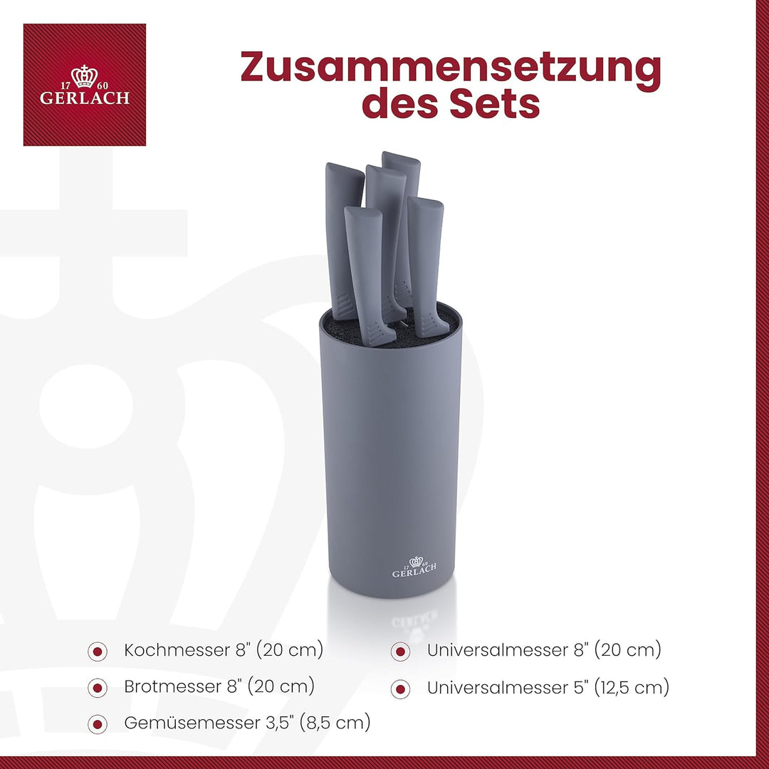 Gerlach Smart Grey Messerblock Messerset Küchenmesserset 5 Messer aus Edelstahl Küchenmesser im Bloc
