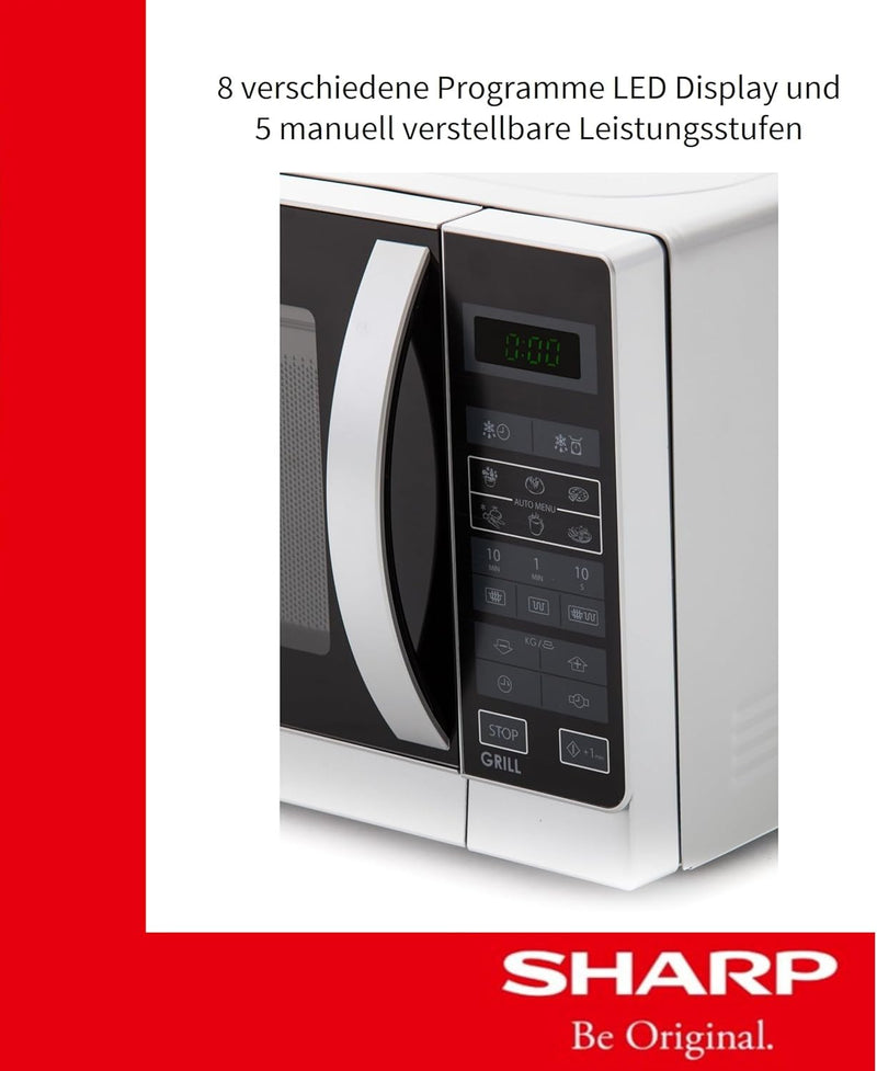 Sharp R742WW 2-in-1 Mikrowelle mit Grill / 25 L / 900 W / 1000 W Grill / LED-Display / 8 Automatikpr