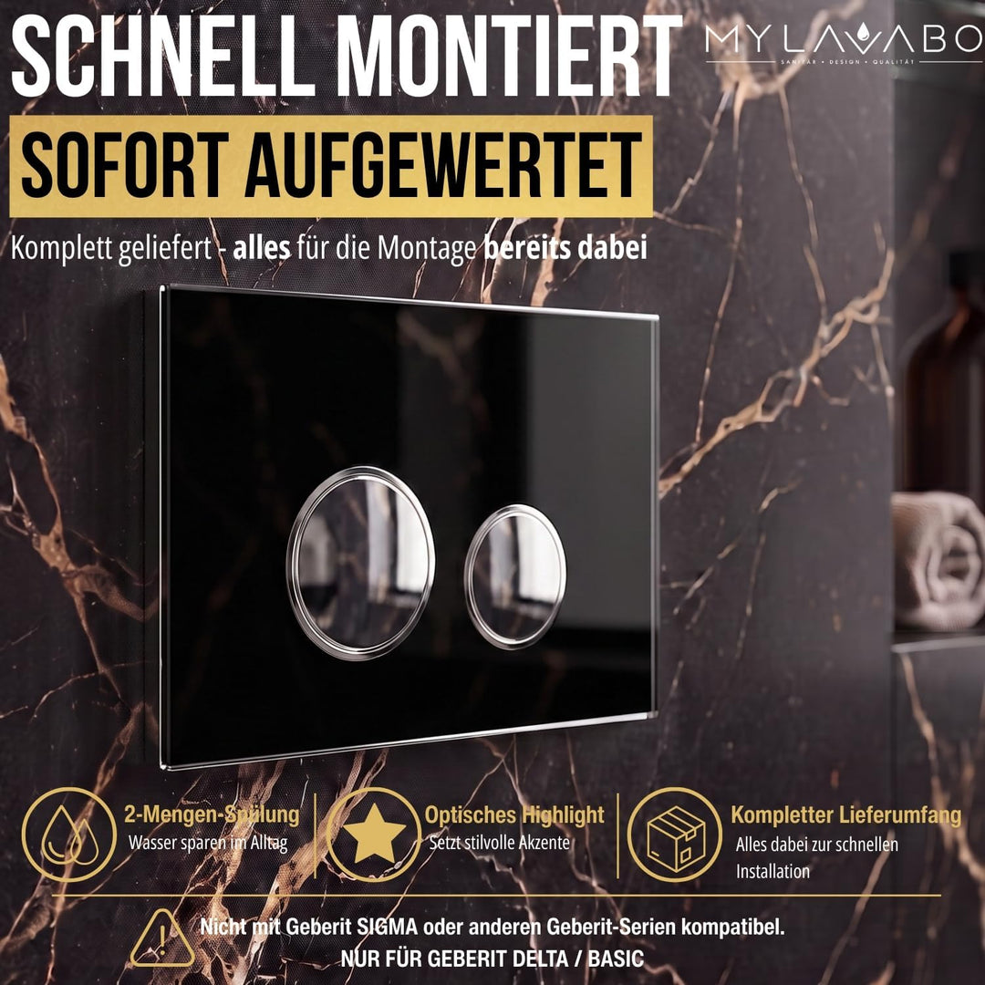 Drücker- & Betätigungsplatte passend für Geberit Delta (Glas, schwarz, chrom Ringe+Tasten) | sw-glas