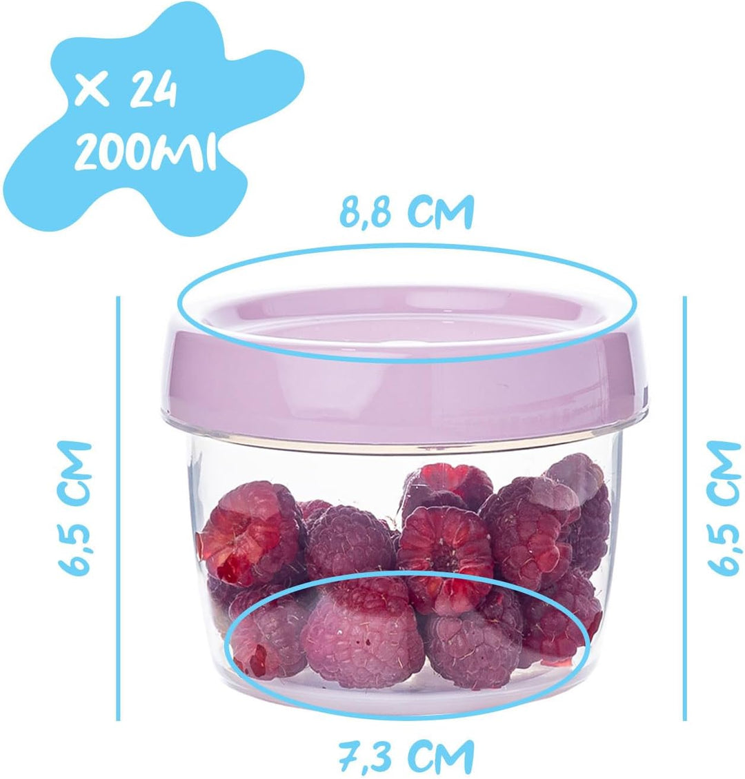 QILZO® Packung mit 24 Lebensmittelbehältern für Babynahrung 200 ml, BPA-frei, mikrowellen- und spülm