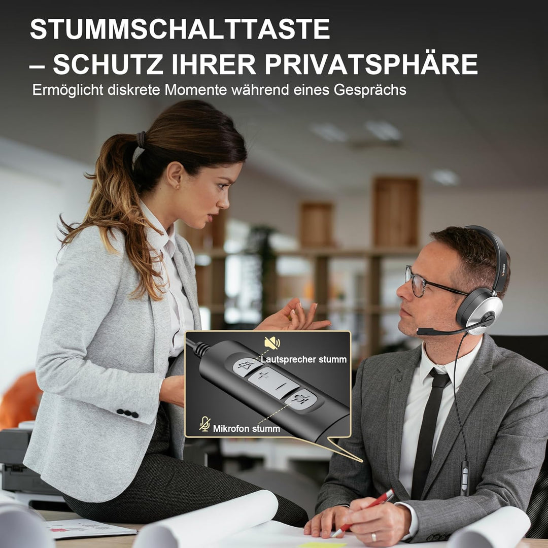 Wantek USB Headset mit Mikrofon für PC Laptop, Typ C-USB-3,5mm Jack, 3-in-1-Kopfhörer mit Geräuschun