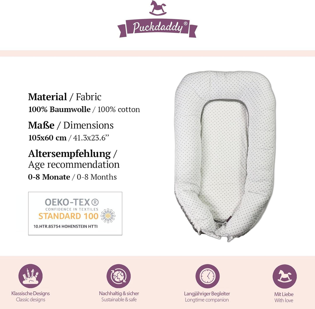 Puckdaddy Linnea | Babynest | 105x60cm | Kuschelnest in Grau | Stern und Pünktchen Muster | Kuschelp
