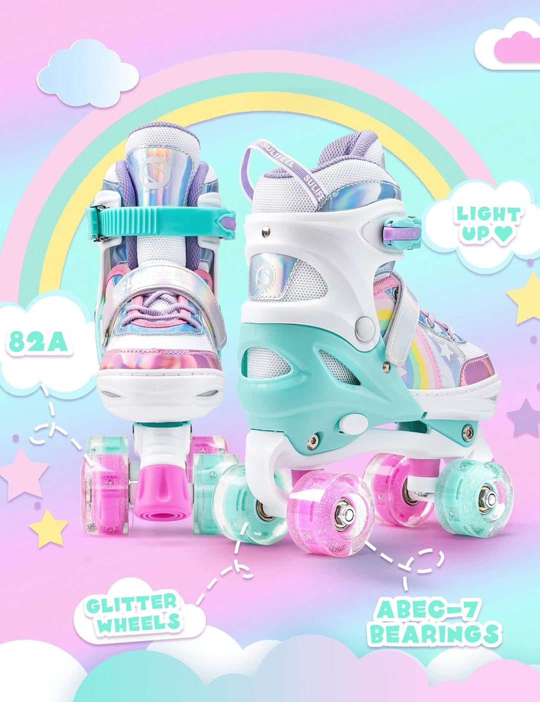 SULIFEEL Rainbow Unicorn Verstellbare Rollschuhe für Kinder mit Leuchtenden Rädern für Mädchen und J