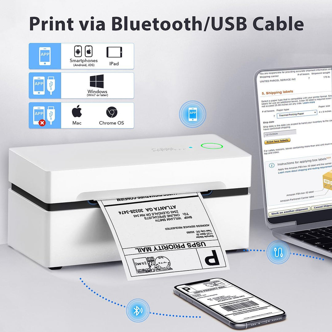 Callstel Mini-Drucker für Handy: Etiketten-Thermodrucker mit 550 Etiketten 100x150mm, 203 DPI, BT, A
