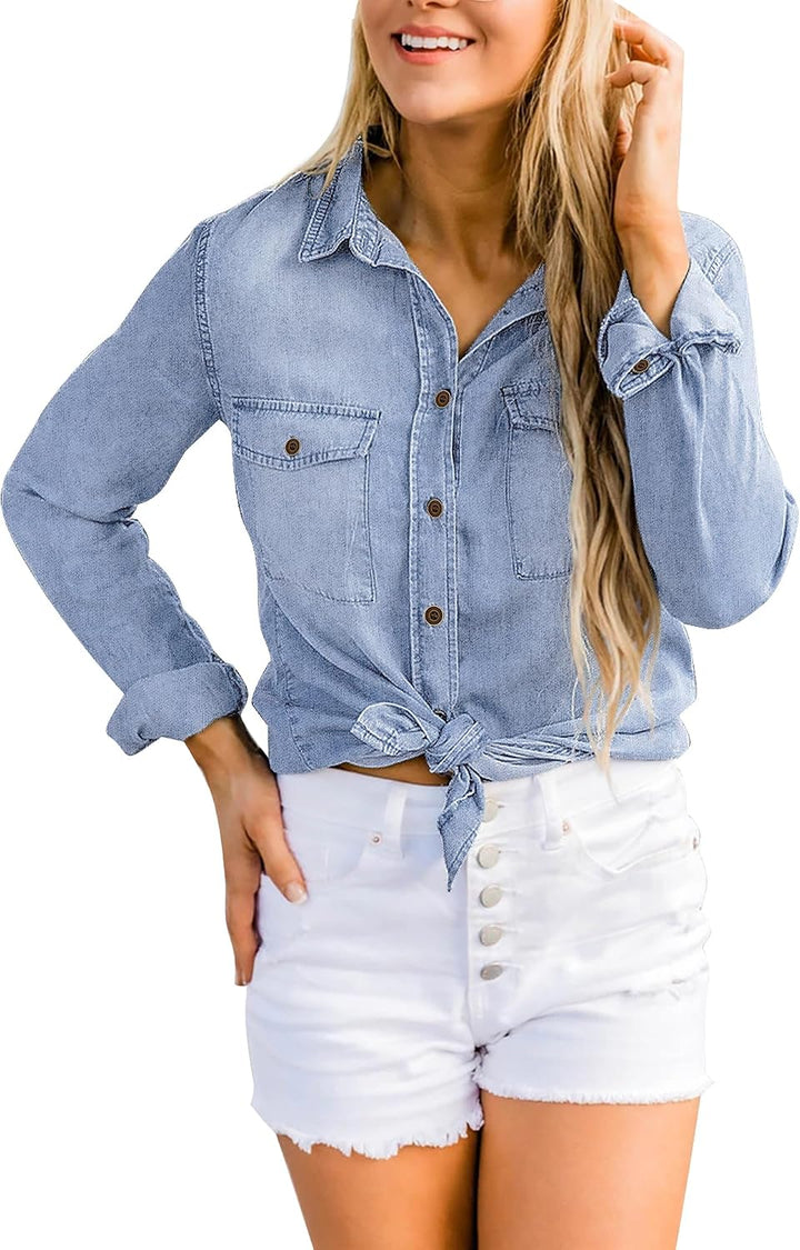 Damen Jeanshemd - Damen Western Hemden Tunika Langarm Button Down Oberteile L Acid Wash Lakeside Blu