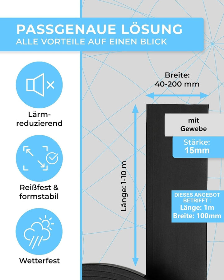 Gummistreifen mit Gewebeeinlage 1000mm lang 15mm dick 80mm bis 200mm breit Vollgummi Hartgummi Gummi