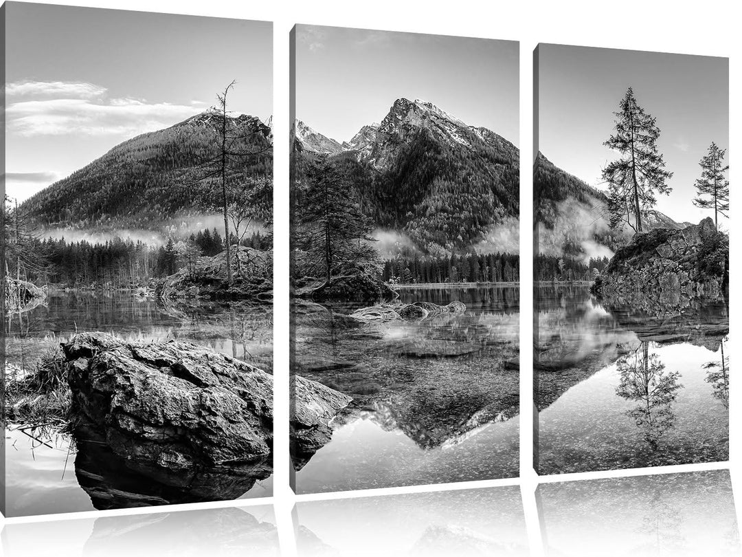 Pixxprint Sonnenaufgang am Hintersee / 3-Teilig/Gesamtmass 120cm Leinwandbild bespannt auf Holzrahme