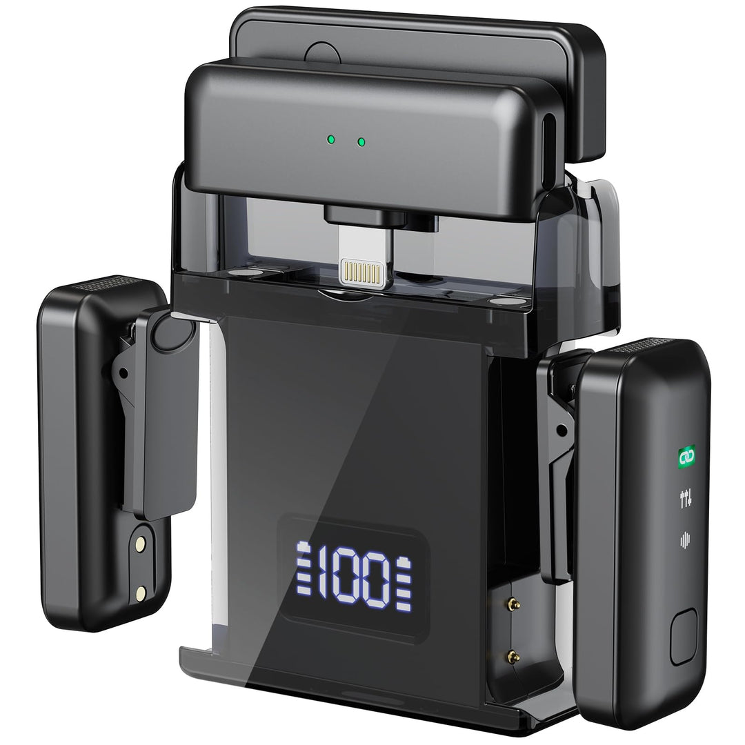 Voijump Wireless Microphone,Kabelloses Lavaliermikrofon für iPhone Android (2 TX + 2 RX+ Ladeetui),