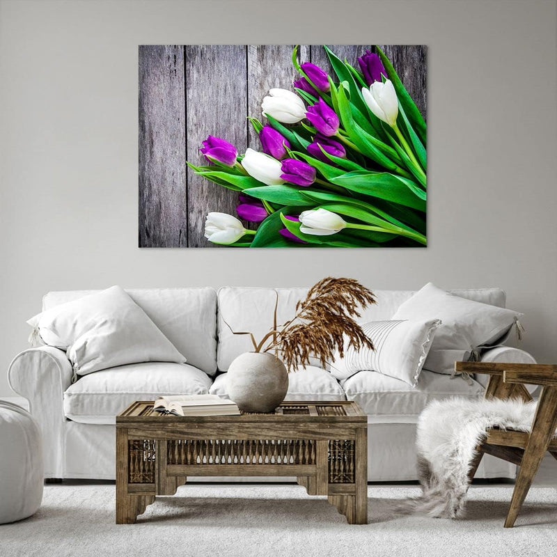 Bilder auf Leinwand 100x70cm Leinwandbild Tulpen Holz Blumenstrauss Blumen Gross Wanddeko Bild Schla