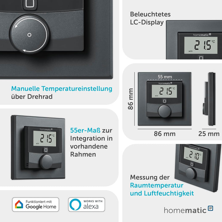 Homematic IP Smart Home Wandthermostat mit Luftfeuchtigkeitssensor, anthrazit, digitales Thermostat