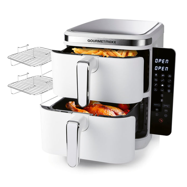 GOURMETmaxx FryUp Vertikale Doppelkammer Heissluftfritteuse | vertikaler Airfryer | klappbares Touch
