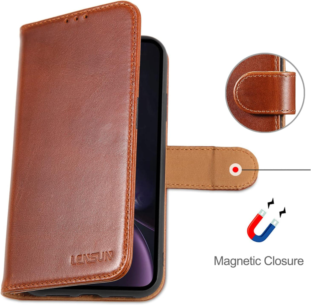 LENSUN Echtleder Hülle für iPhone XR, Handyhülle Leder [Kartenfach][Magnetverschluss][RFID Schutz] H