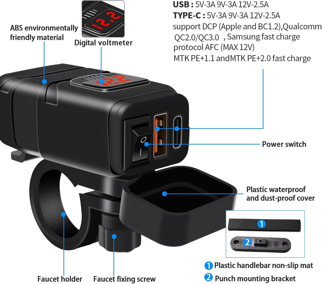 12V Steckdose Auto Ladegerät mit Schalter, KFZ QC3.0 PD Type C USB mit Switch, Wasserdicht für KFZ W