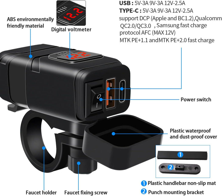 12V Steckdose Auto Ladegerät mit Schalter, KFZ QC3.0 PD Type C USB mit Switch, Wasserdicht für KFZ W