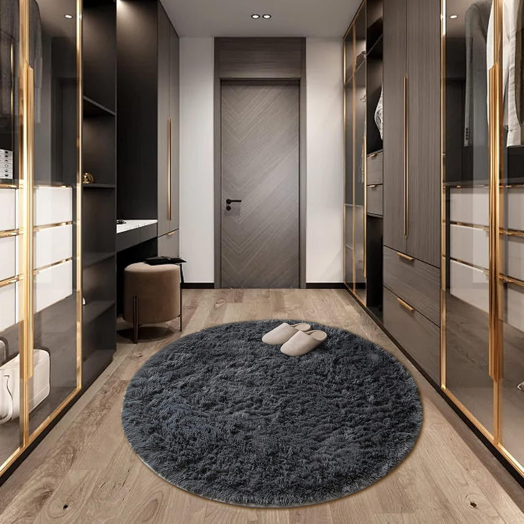 CHOSHOME Teppich Rund 80CM Wohnzimmer Hochflor Waschbar Teppich Shaggy Grau Runden Teppiche Einfarbi
