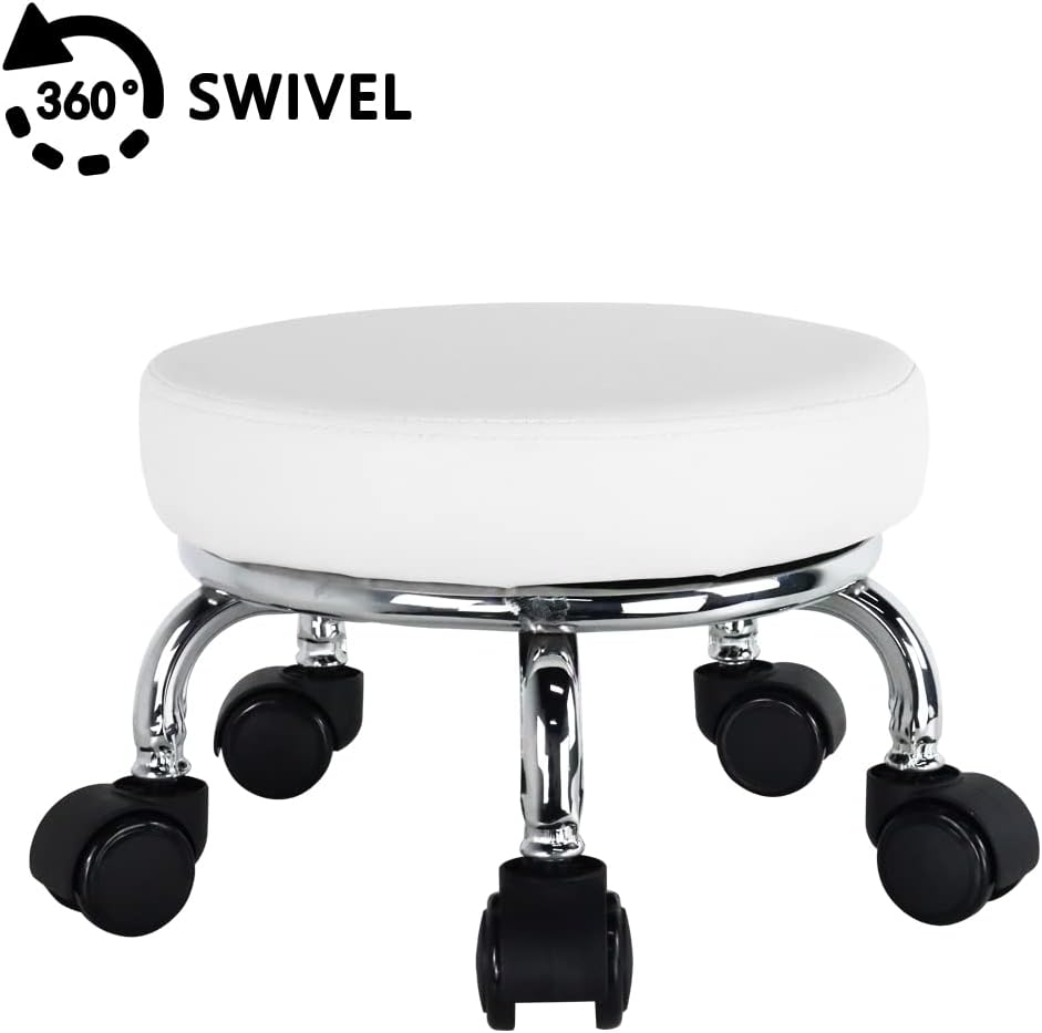 WKWKER Rollsitz PU Leder Low Round Rollhocker Kleiner Hocker mit Universal Drehrollen Rollen für Hom