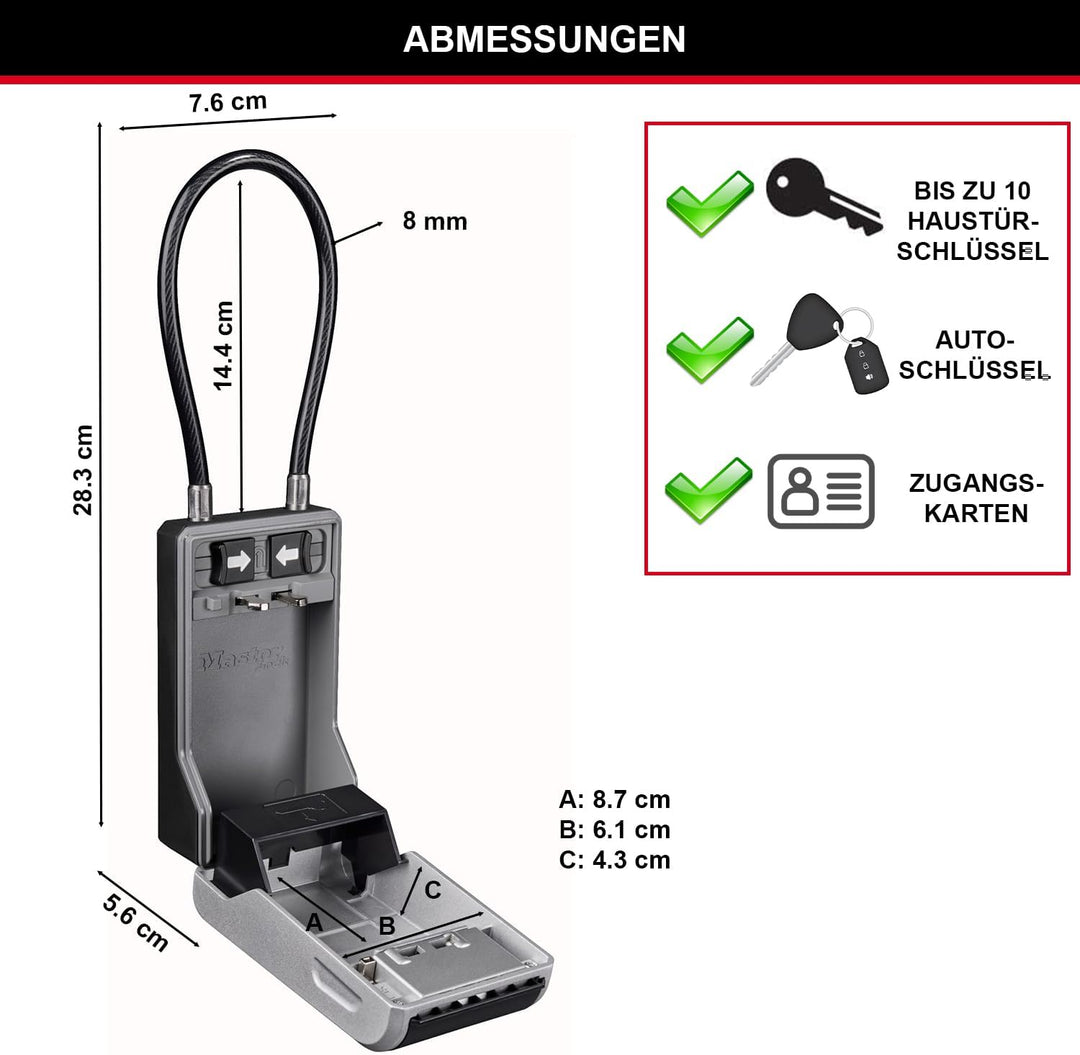 Master Lock Schlüsseltresor mit neuem innovativen Design, flexiblem Kabelbügel, grossem Fassungsverm