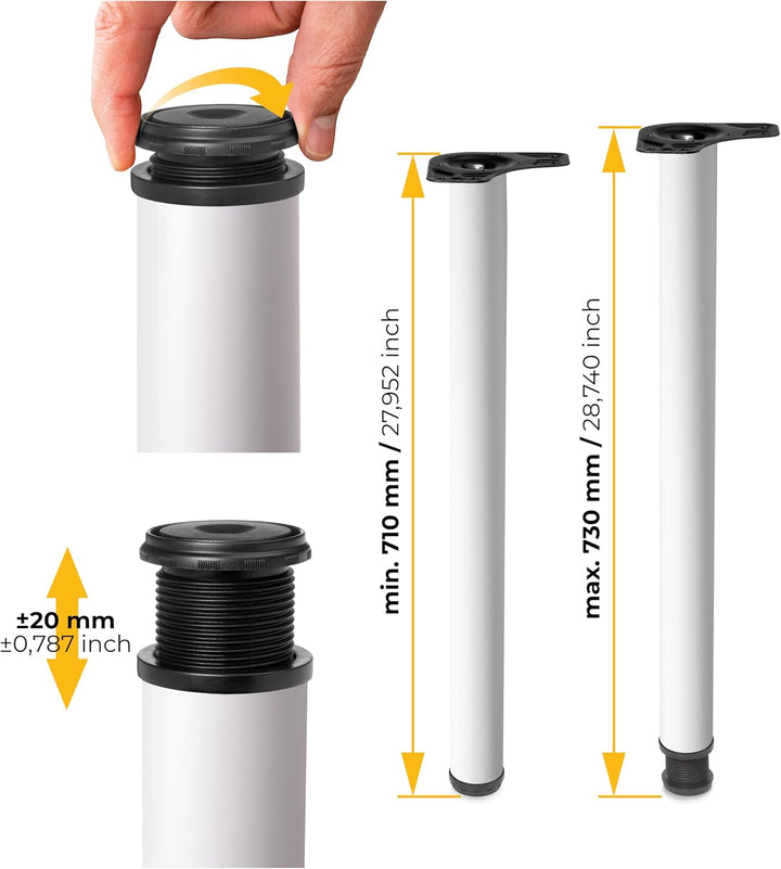 Emuca - Regulierbare Tischbeine Ø60x710mm, 4er Set aus Stahl, regulierbare Höhe 710-730mm, weiss Ø60