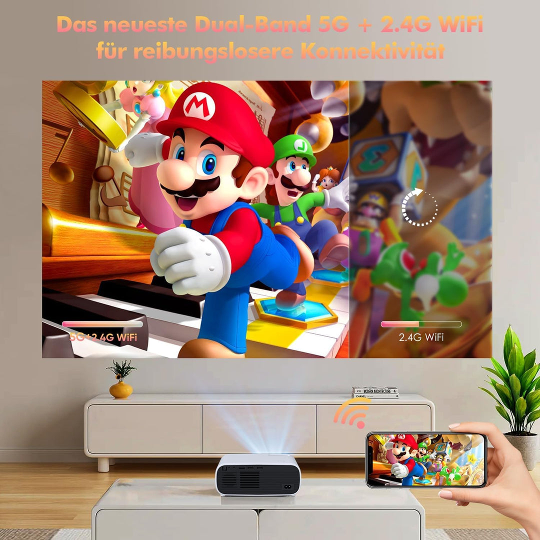 Wielio 4K Beamer, Full HD 1080P Projektor, 5G WiFi Bluetooth Projector, 18000 Lumens Heimkino Mini B