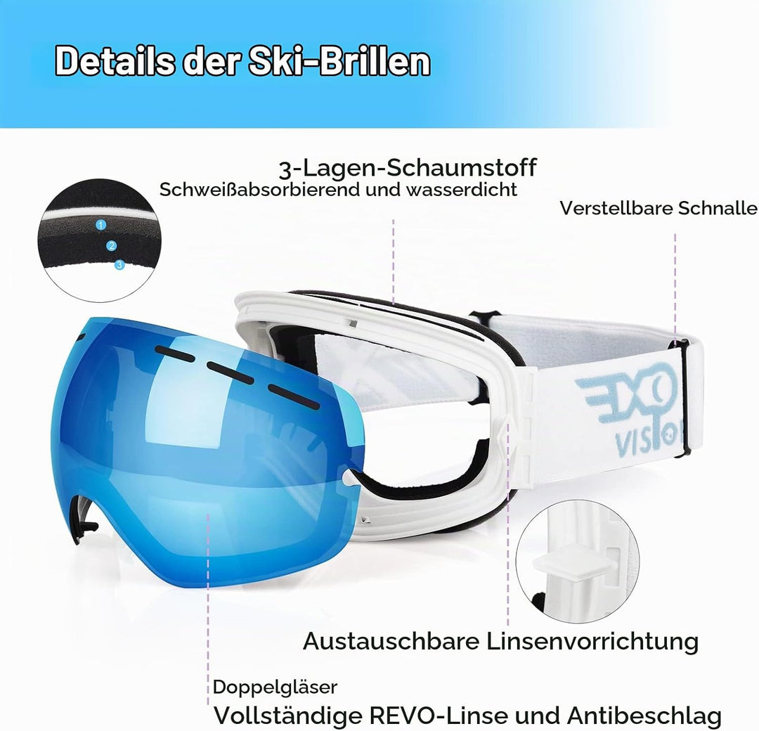 EXP VISION Snowboard Skibrille für Herren Damen Jugend, 100% UV400 Schutz Anti Beschlag über der Bri