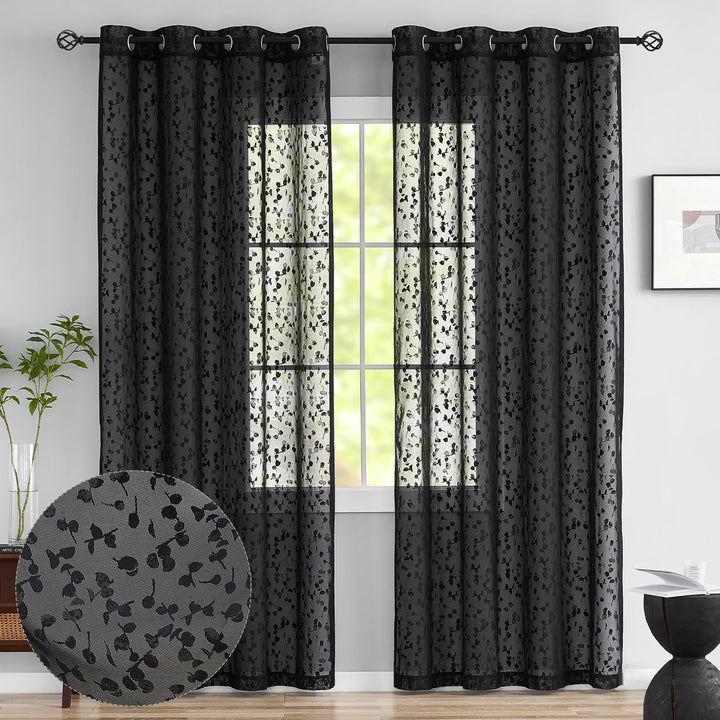 Treatmentex Schwarze Halbtransparente Spitze Vorhang Moderne Stickerei Gardinen mit Ösen Häkeln Stri