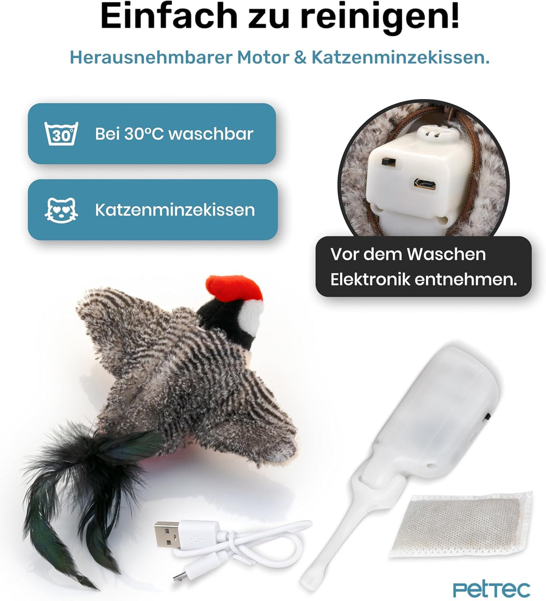 PetTec - Plush Toy Specht Katzenspielzeug interaktiv zur Selbstbeschäftigung - Plüschtier Katze bewe
