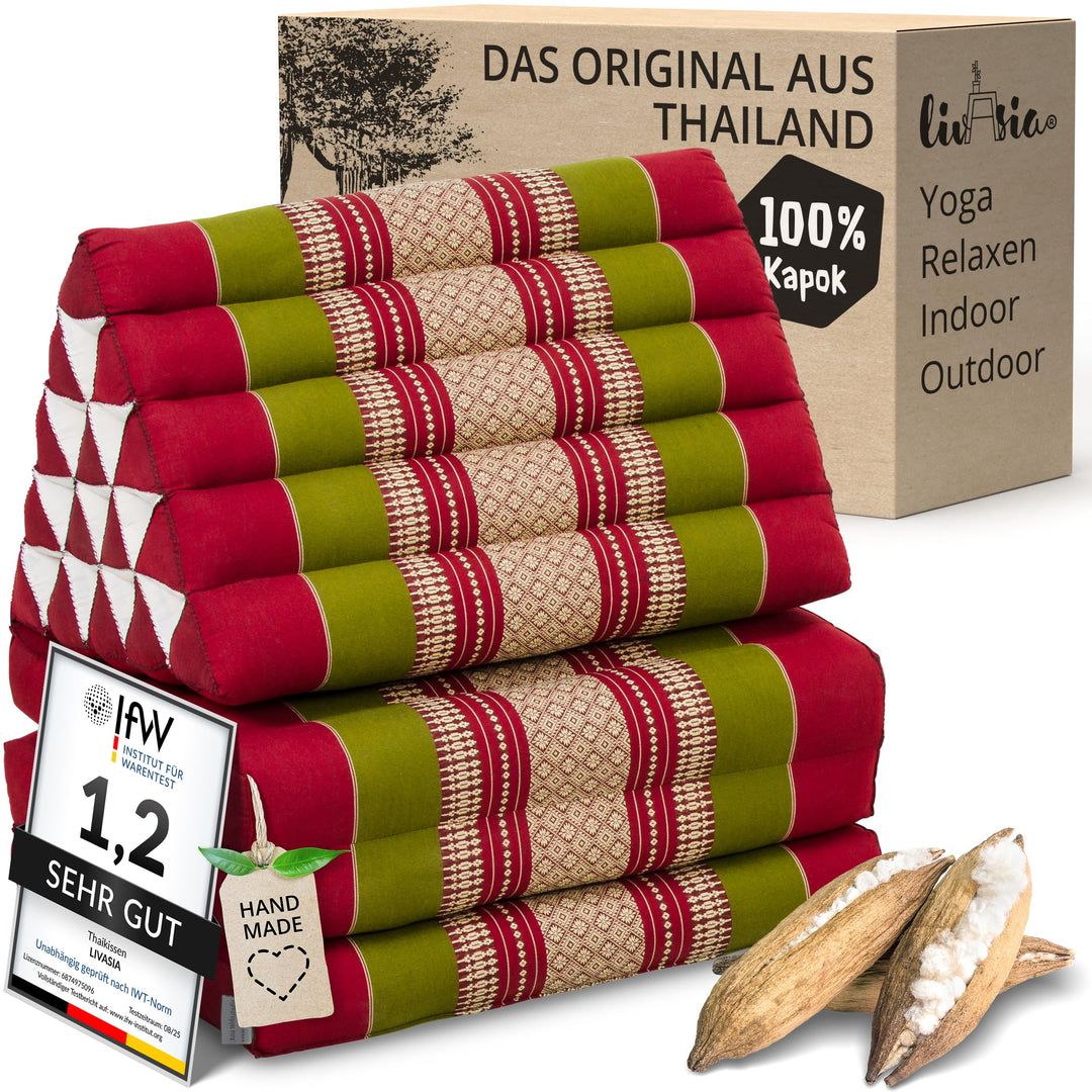 livasia Thaikissen 3 Auflagen extrahoch - 185x55x8cm - Dreieckskissen mit Klappmatratze, Kapok, Jumb