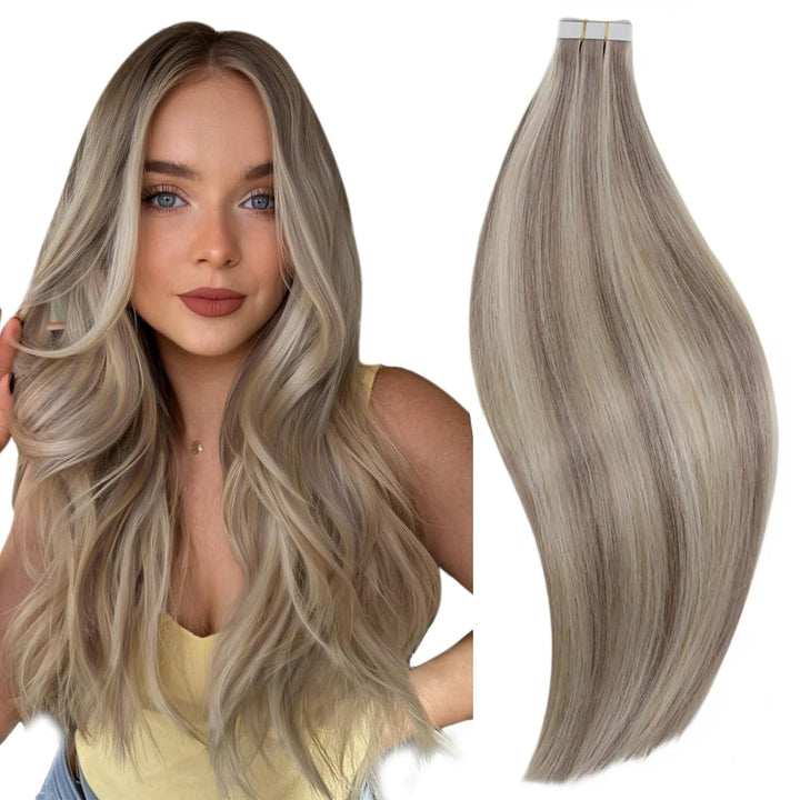 RUNATURE Blond Echthaar Tape in Extensions Dunkelblond mit Platinblond Haarverlängerung Tape in Echt