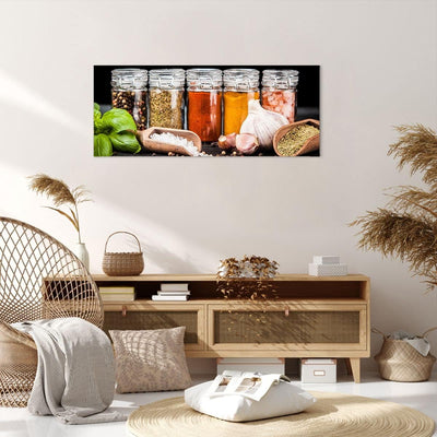 Wandbilder Dekoration Wohnzimmer Gewürze Knoblauch Holz Salz Panorama Bilder auf Leinwand 120x50cm L