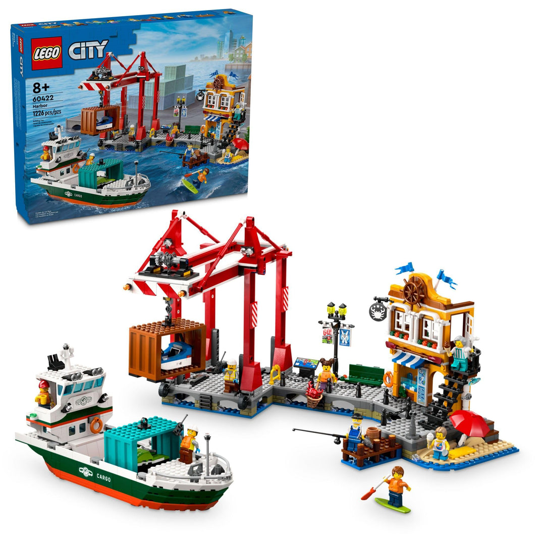 LEGO City Seaside Harbor mit Frachtschiff-Spielzeug, Modellcontainerkran und Boot mit 8 Minifiguren