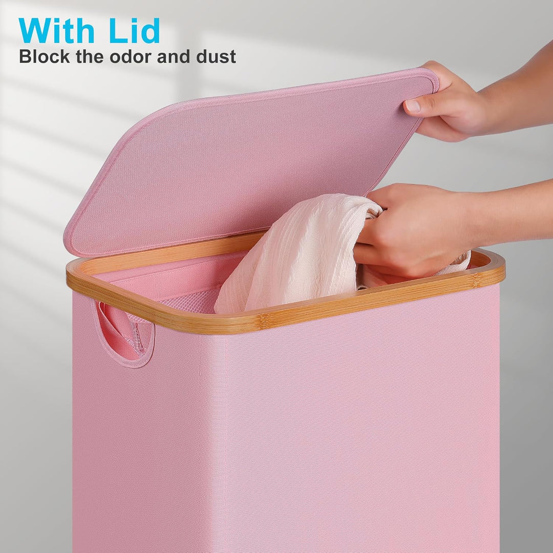 efluky Wäschekorb mit Rollen, 75L Faltbarer Wäschekorb mit Deckel, Rosa Schlanker Wäschebehälter mit