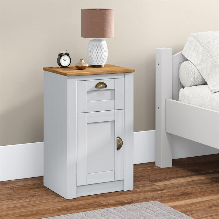 IDIMEX Nachttisch Bolton aus Holz in weiss/braun mit 1 Schublade und Tür Nachtkommode mit Muschelgri