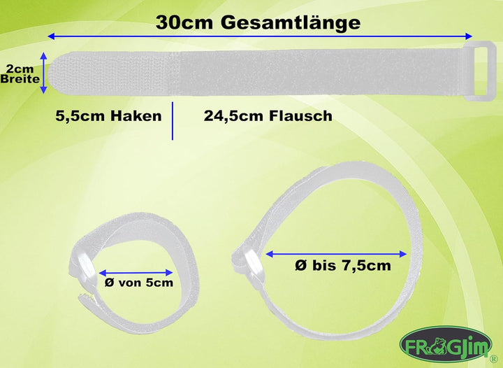 25x Klett Kabelbinder 30 cm - weiss mit Schnalle - wiederverschliessbares Klettband 30cm mit Öse - f
