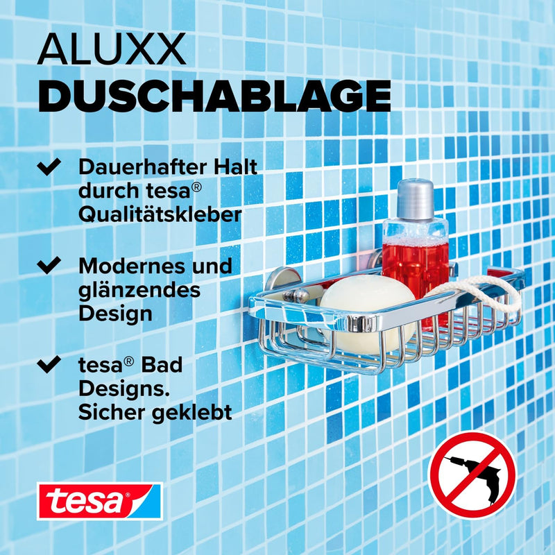 tesa ALUXX Duschablage zum Kleben, Aluminium, verchromt, garantiert rostfrei, inkl. Klebelösung, 105