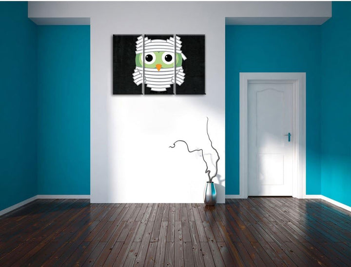 Pixxprint Lustige Mumien Eule als Leinwandbild/Grösse: 3 Teilig (120x80) cm/Wandbild/Kunstdruck/fert