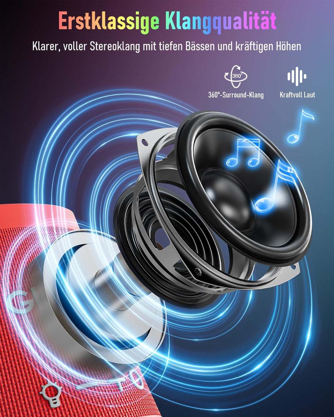 Tragbarer Bluetooth-Lautsprecher Drahtlos, IPX6 Wasserdichter Bluetooth-Lautsprecher mit 9 farbigen