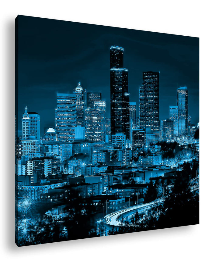 deyoli belebte Skyline von Seattle bei Nacht Format: 60x60 Effekt: Monocrome Blau als Leinwandbild,