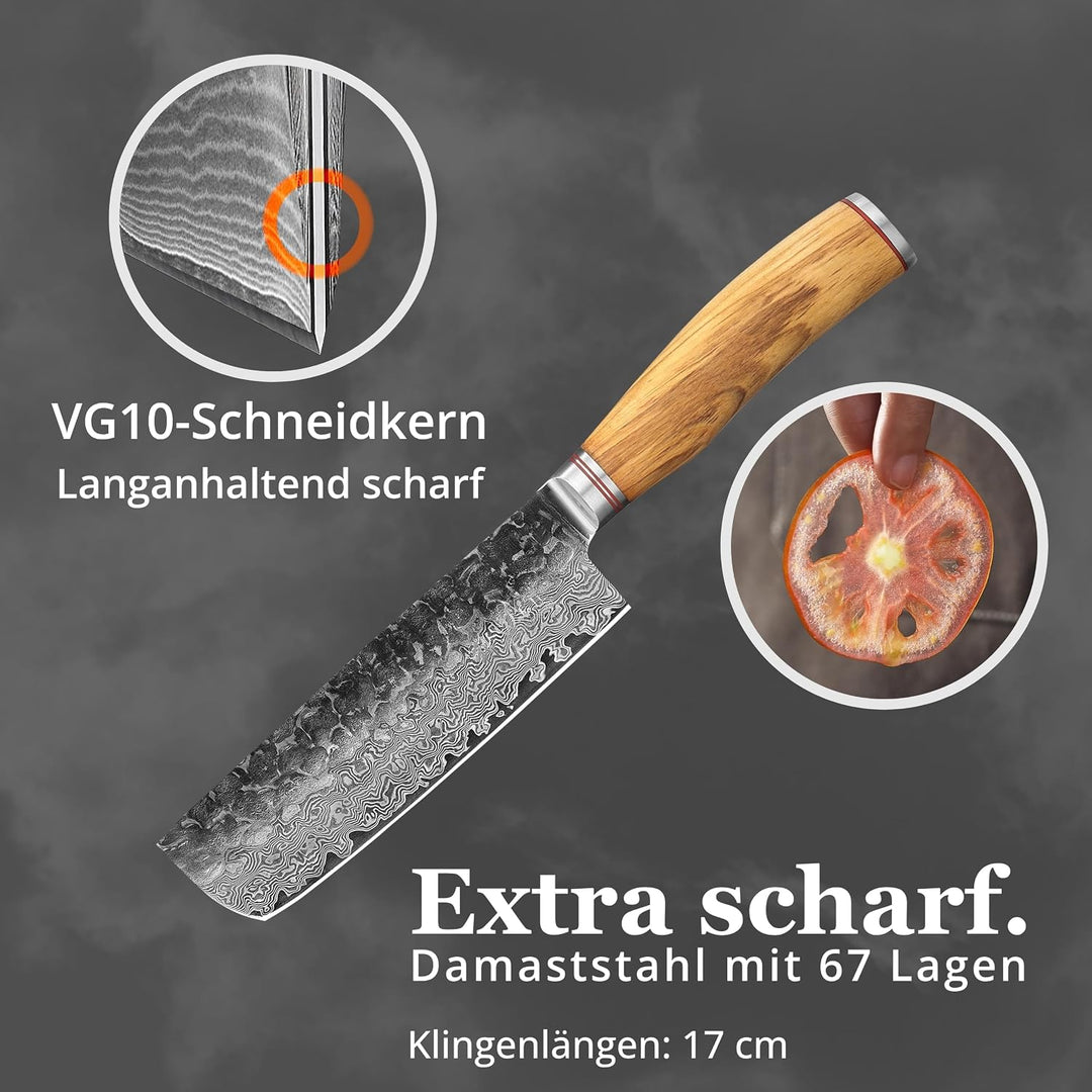 Wakoli Olive HS Serie Damastmesser Nakirimesser 17 cm Klinge extrem scharf aus 67 Lagen I Damast Pro
