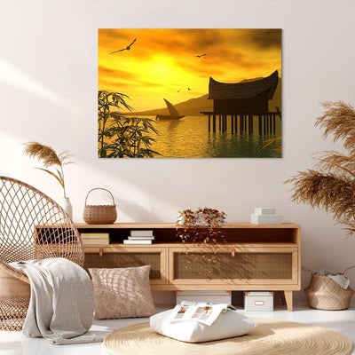 ARTTOR Bilder auf Leinwand 100x70cm Leinwandbild Asien Berg Meer Felsen Gross Wanddeko Bild Schlafzi